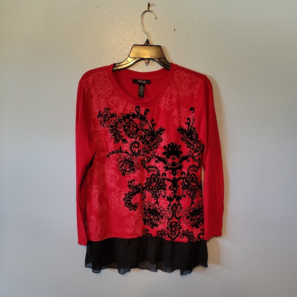 Style&CO. Red And Black Asian influenced long sleeve blouse. PL